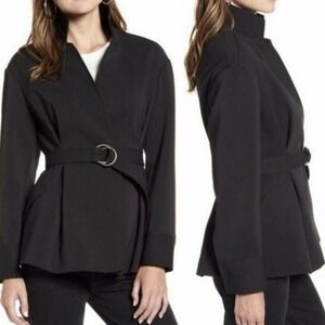 Rebecca Minkoff Sz 8 Black Collared Wrap Jacket Belted Pleated Classic Career
